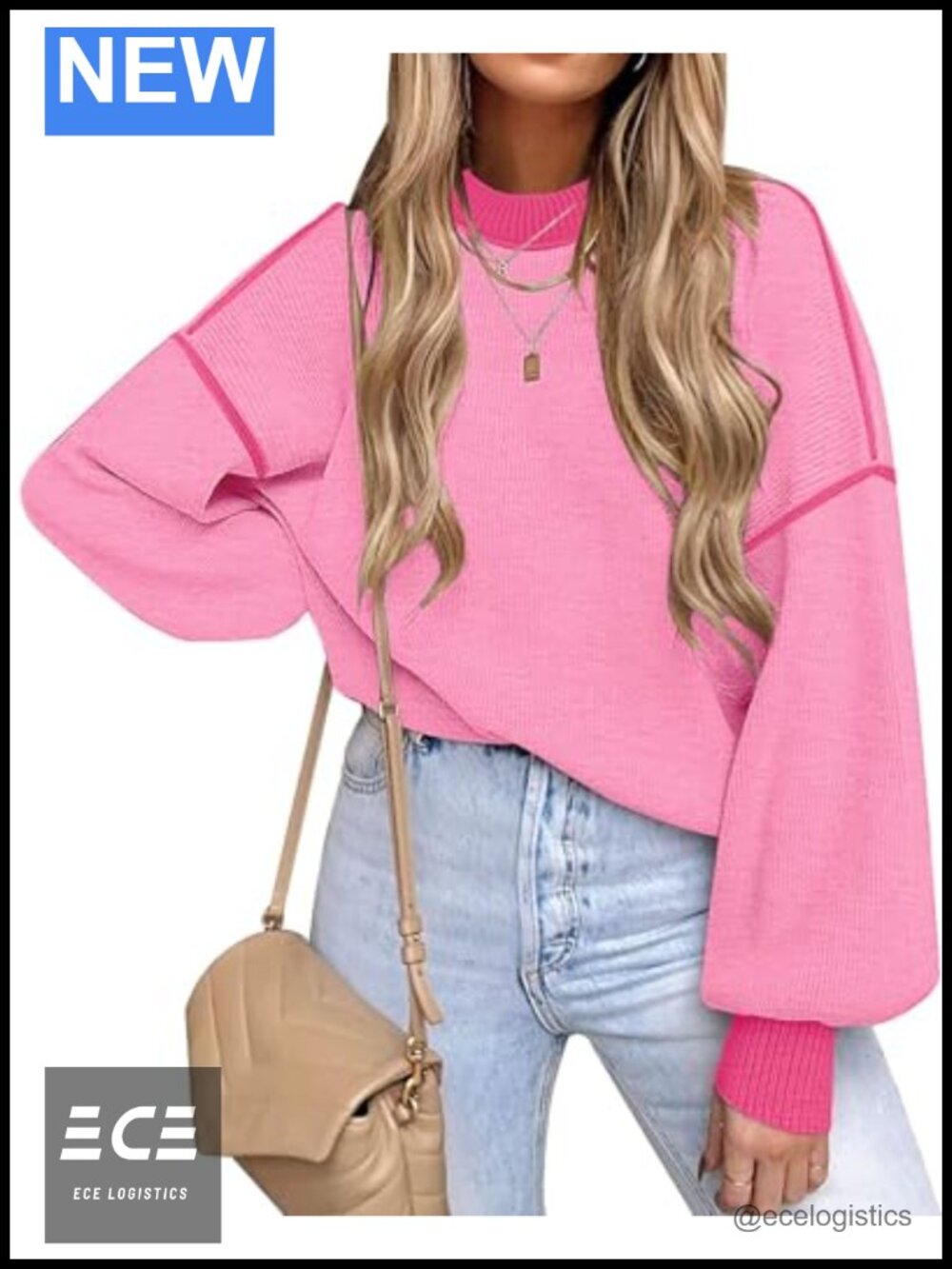 Womens Oversized Knit Sweater Viscose Nylon Crewneck Long Sleeve Pullover